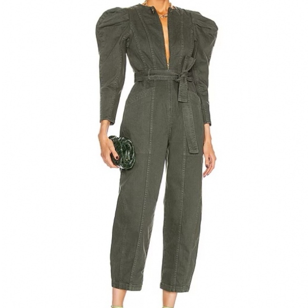 Ulla Johnson Meadow Jumpsuit Size 2 Olive Green Puff Sleeve Belted Cotton